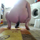 A plump woman shits into a plastic container that she holds underneath her ass. About 2.5 minutes.